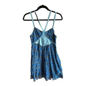 Free People Size 2 Blue Floral Sleeveless Strappy Linen Cotton Tiered Dress